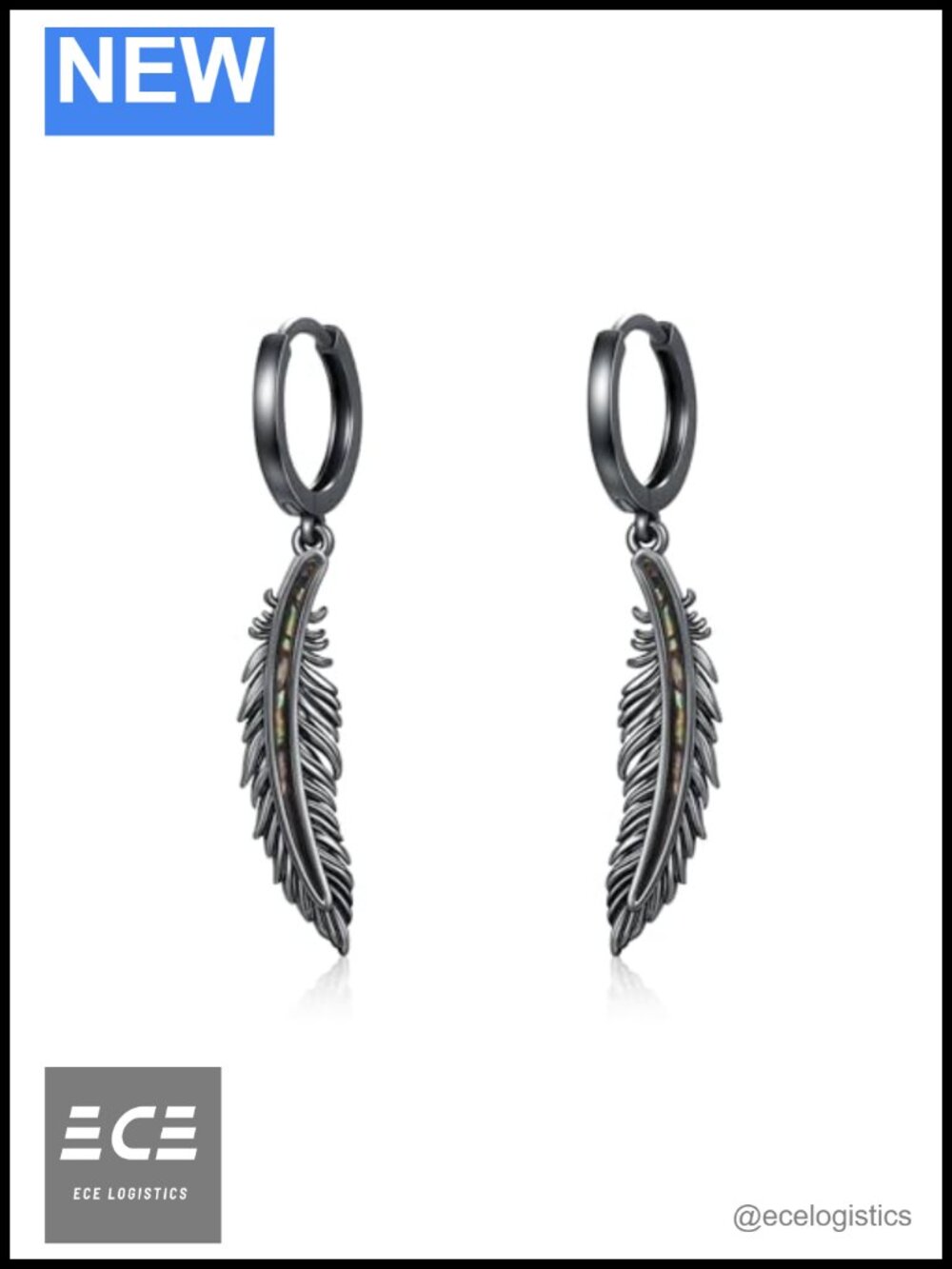 925 Sterling Silver Feather Dangle Drop Earrings Unisex Punk Abalone